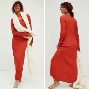 Free People Beach Walk About Rust Orange Boho Ribbed Long Sleeve Maxi Dress